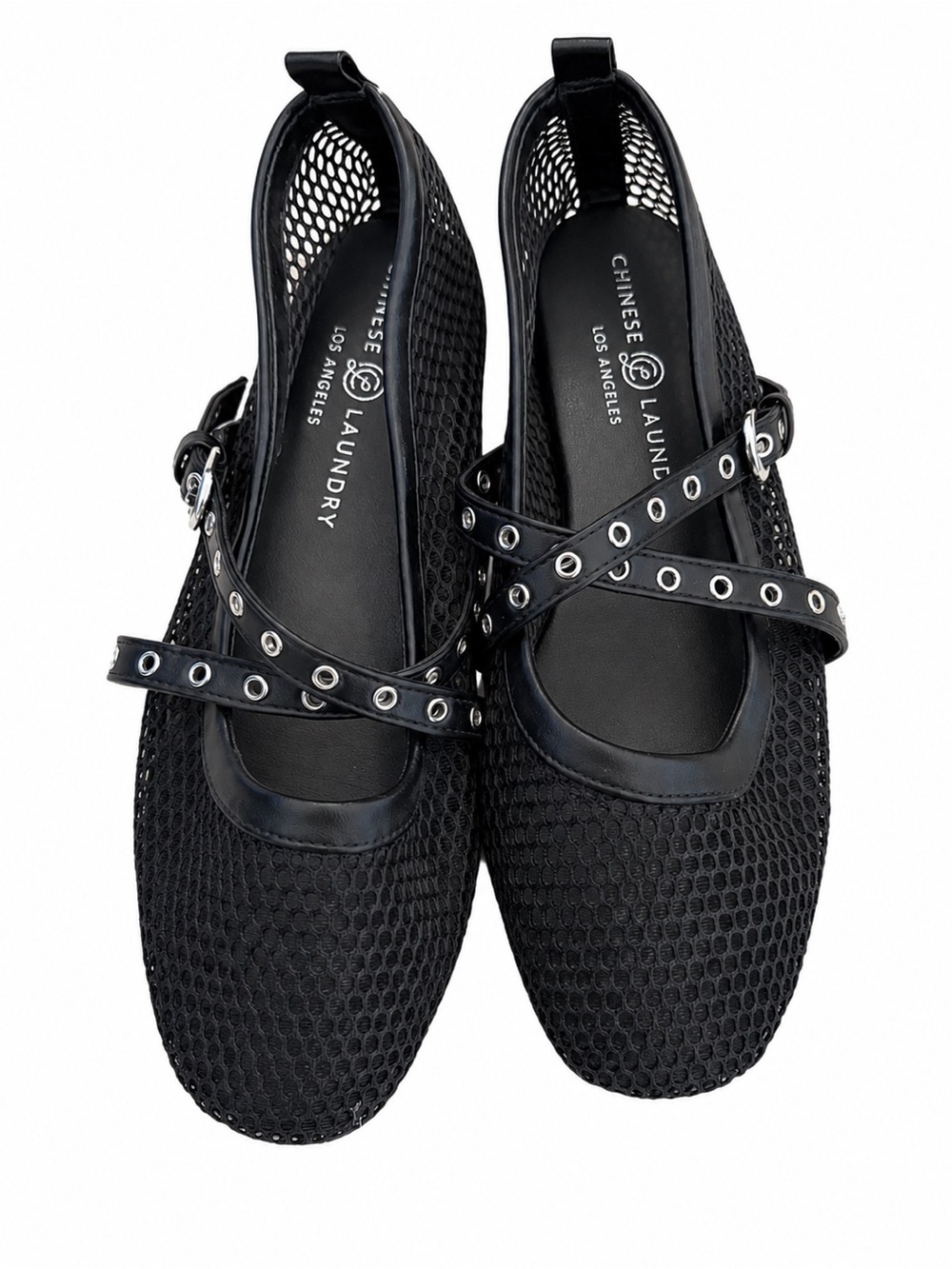 Chinese Laundry Black Mesh Mary Jane Flats with Eyelet Strap Detail